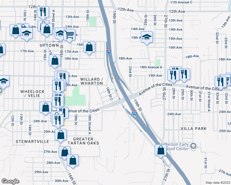 map of restaurants, bars, coffee shops, grocery stores, and more near 22nd Avenue in Moline