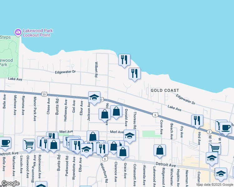map of restaurants, bars, coffee shops, grocery stores, and more near 12967 Lake Avenue in Lakewood