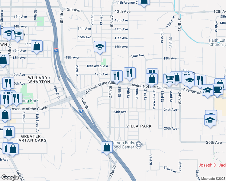 map of restaurants, bars, coffee shops, grocery stores, and more near 2520 23rd Avenue Court in Moline