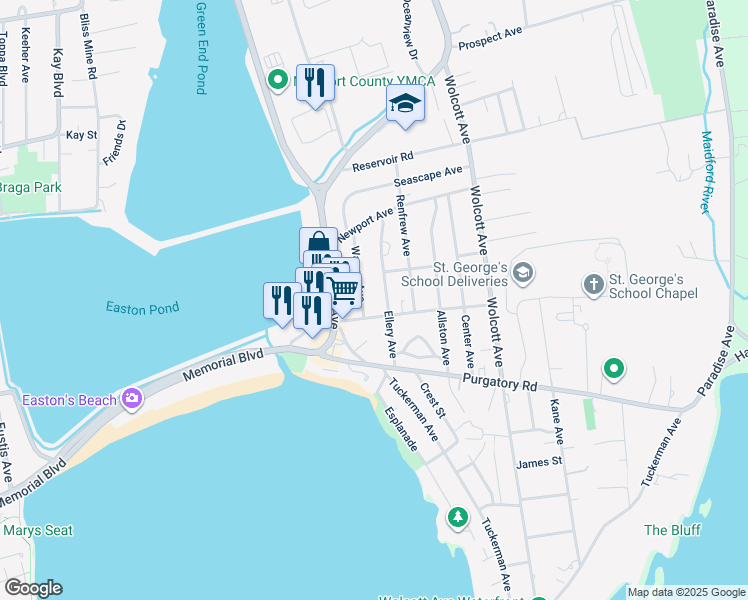 map of restaurants, bars, coffee shops, grocery stores, and more near 18 Warren Avenue in Middletown