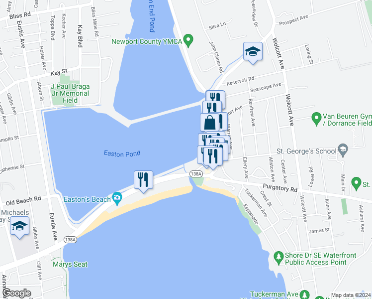 map of restaurants, bars, coffee shops, grocery stores, and more near 60 Wave Avenue in Middletown