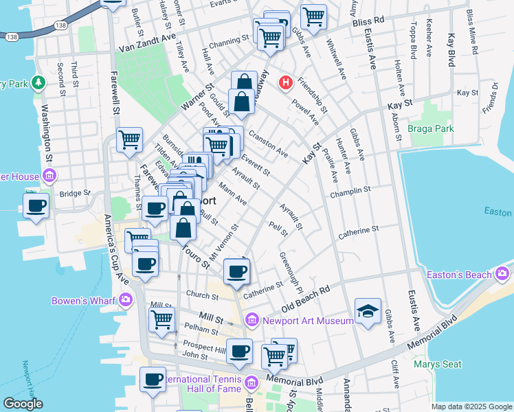 map of restaurants, bars, coffee shops, grocery stores, and more near 29 Mann Avenue in Newport