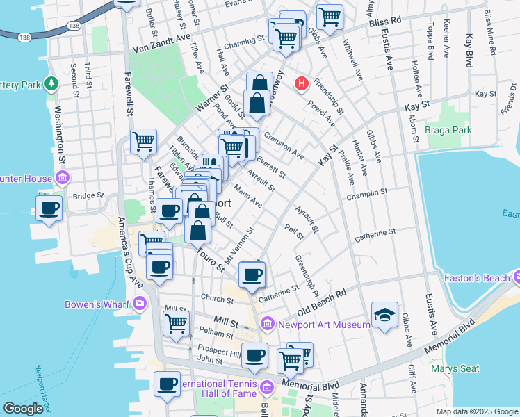 map of restaurants, bars, coffee shops, grocery stores, and more near 29 Mann Avenue in Newport
