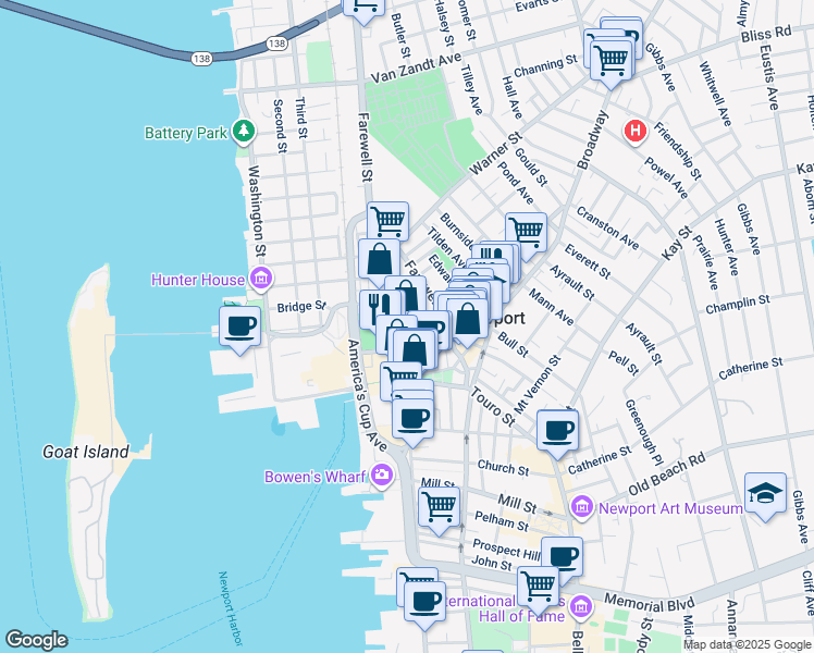 map of restaurants, bars, coffee shops, grocery stores, and more near 11 Coddington Street in Newport