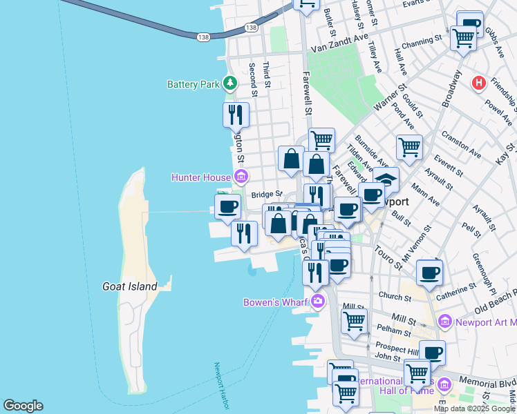 map of restaurants, bars, coffee shops, grocery stores, and more near 37 Marsh Street in Newport