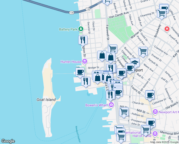 map of restaurants, bars, coffee shops, grocery stores, and more near 37 Marsh Street in Newport