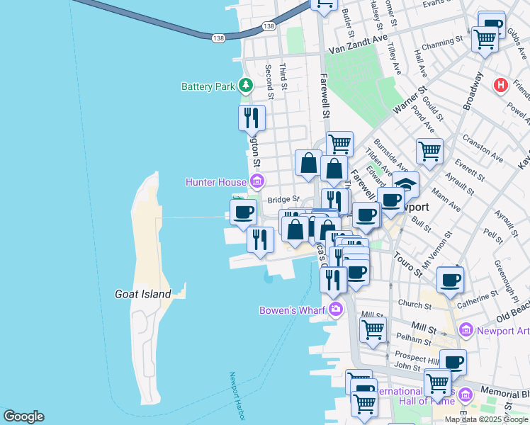 map of restaurants, bars, coffee shops, grocery stores, and more near 37 Marsh Street in Newport