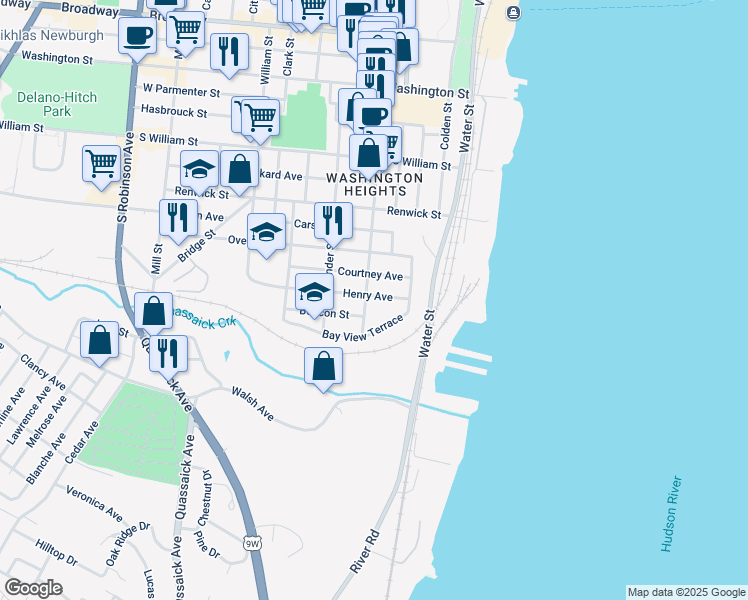 map of restaurants, bars, coffee shops, grocery stores, and more near 72 Liberty Street in Newburgh