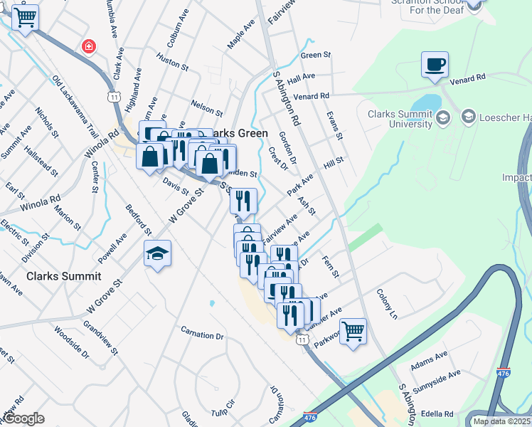 map of restaurants, bars, coffee shops, grocery stores, and more near 802 Poplar Street in Clarks Summit