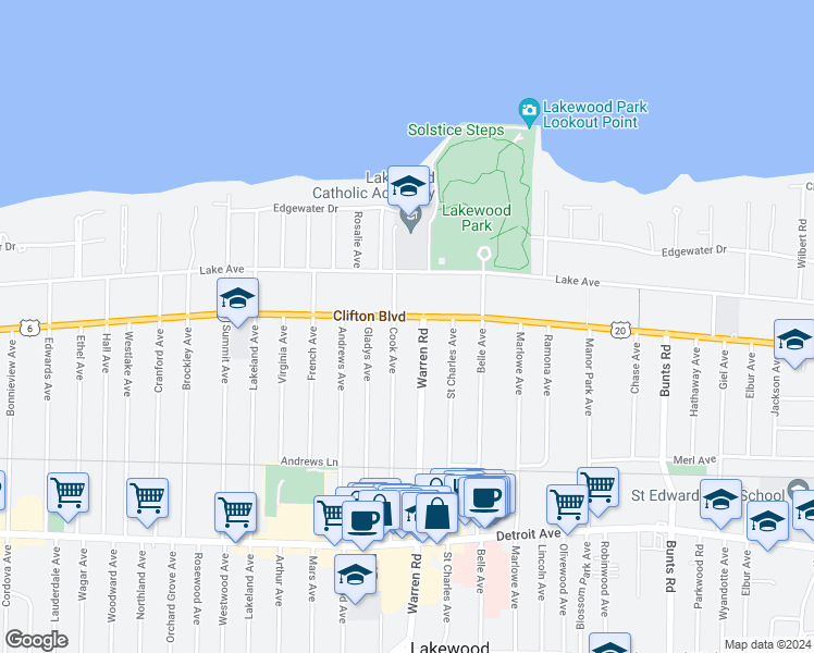 map of restaurants, bars, coffee shops, grocery stores, and more near in Lakewood