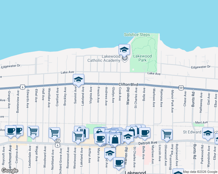 map of restaurants, bars, coffee shops, grocery stores, and more near 1171 Andrews Avenue in Lakewood