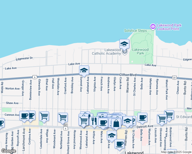map of restaurants, bars, coffee shops, grocery stores, and more near 15409 Clifton Boulevard in Lakewood