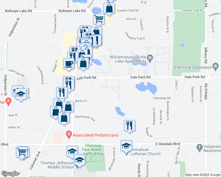 map of restaurants, bars, coffee shops, grocery stores, and more near 1710 Vale Park Road in Valparaiso
