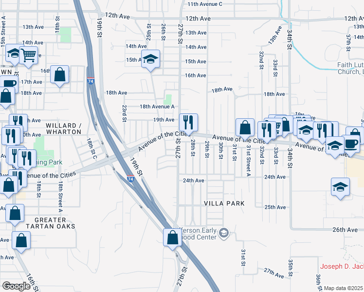 map of restaurants, bars, coffee shops, grocery stores, and more near 2520 23rd Avenue Court in Moline