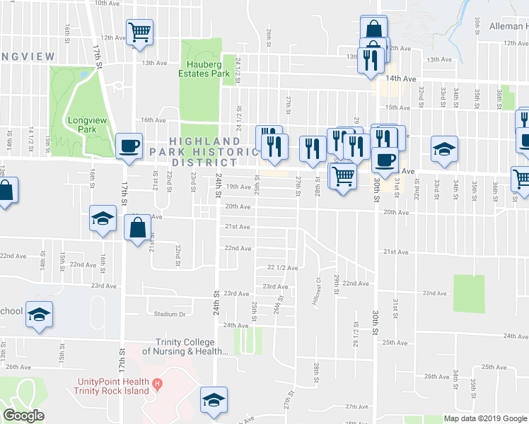map of restaurants, bars, coffee shops, grocery stores, and more near 2512 20th Avenue in Rock Island
