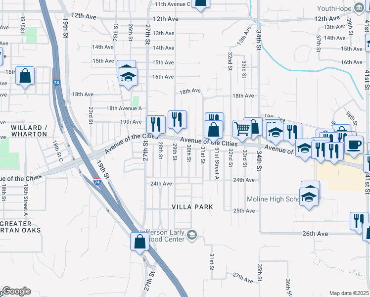 map of restaurants, bars, coffee shops, grocery stores, and more near 2317 30th Street in Moline