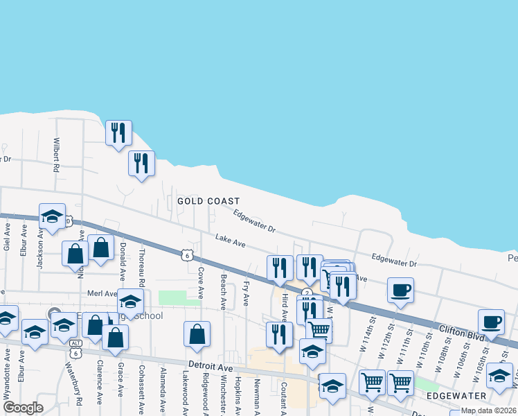 map of restaurants, bars, coffee shops, grocery stores, and more near 11850 Edgewater Drive in Lakewood