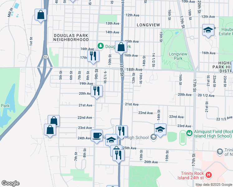 map of restaurants, bars, coffee shops, grocery stores, and more near 1008 20th Avenue in Rock Island