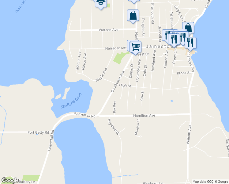 map of restaurants, bars, coffee shops, grocery stores, and more near 95 Southwest Avenue in Jamestown