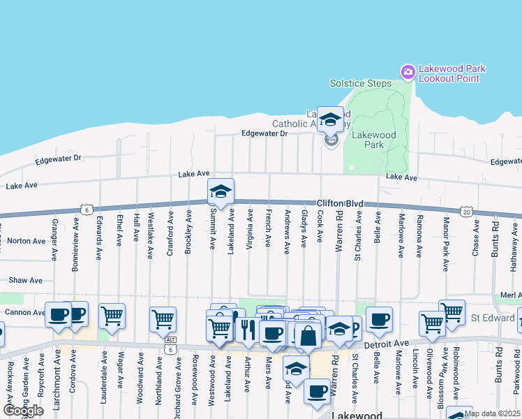 map of restaurants, bars, coffee shops, grocery stores, and more near 15409 Clifton Boulevard in Lakewood