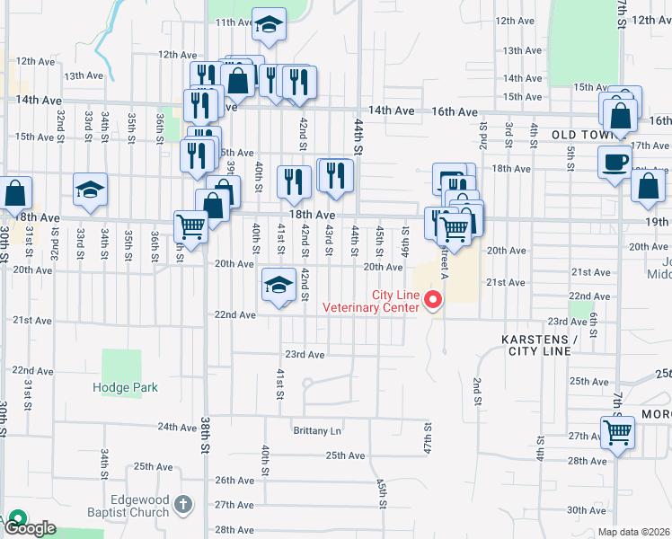 map of restaurants, bars, coffee shops, grocery stores, and more near 2001 43rd Street in Rock Island