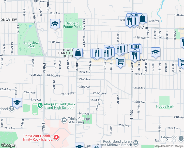 map of restaurants, bars, coffee shops, grocery stores, and more near 2512 20th Avenue in Rock Island