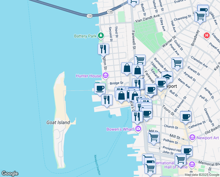 map of restaurants, bars, coffee shops, grocery stores, and more near 37 Marsh Street in Newport