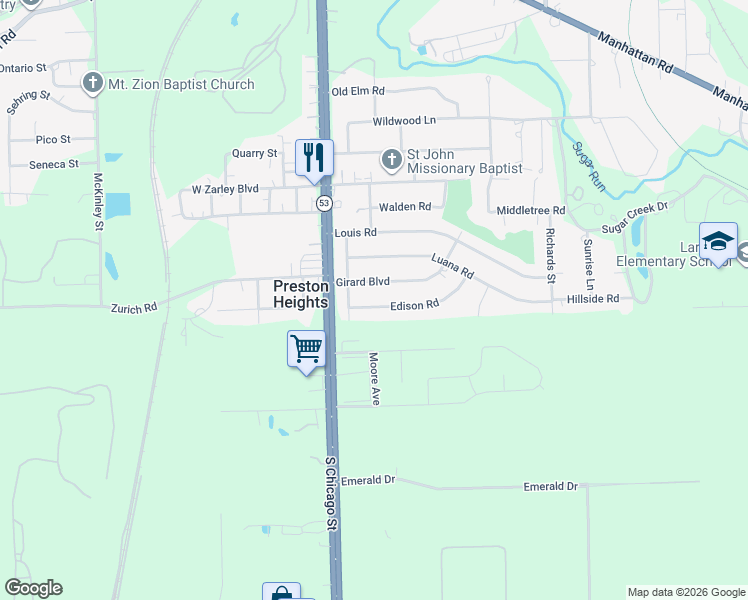 map of restaurants, bars, coffee shops, grocery stores, and more near 11 Edison Road in Joliet