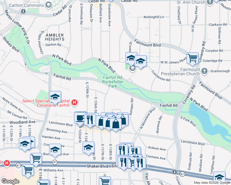 map of restaurants, bars, coffee shops, grocery stores, and more near 12800 Fairhill Road in Cleveland
