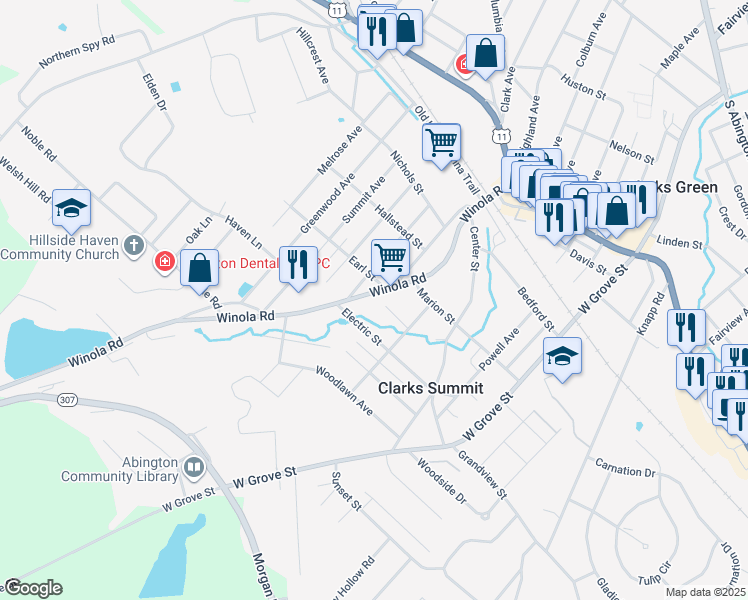 map of restaurants, bars, coffee shops, grocery stores, and more near 525 Winola Road in Clarks Summit