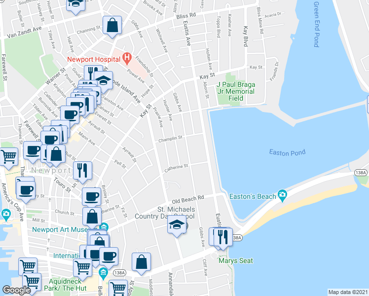 map of restaurants, bars, coffee shops, grocery stores, and more near 269 Gibbs Avenue in Newport