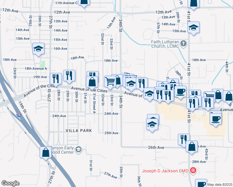map of restaurants, bars, coffee shops, grocery stores, and more near 3314 Avenue Of The Cities in Moline