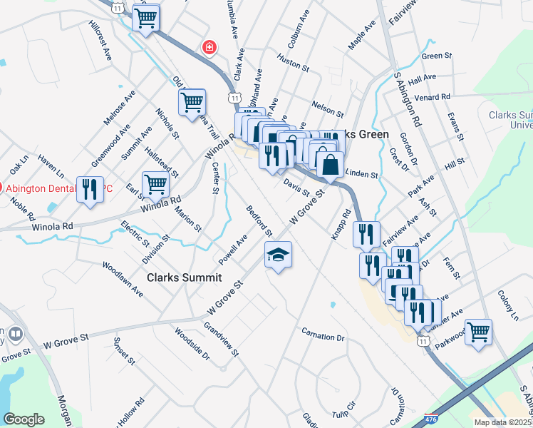 map of restaurants, bars, coffee shops, grocery stores, and more near 395 Bedford Street in Clarks Summit