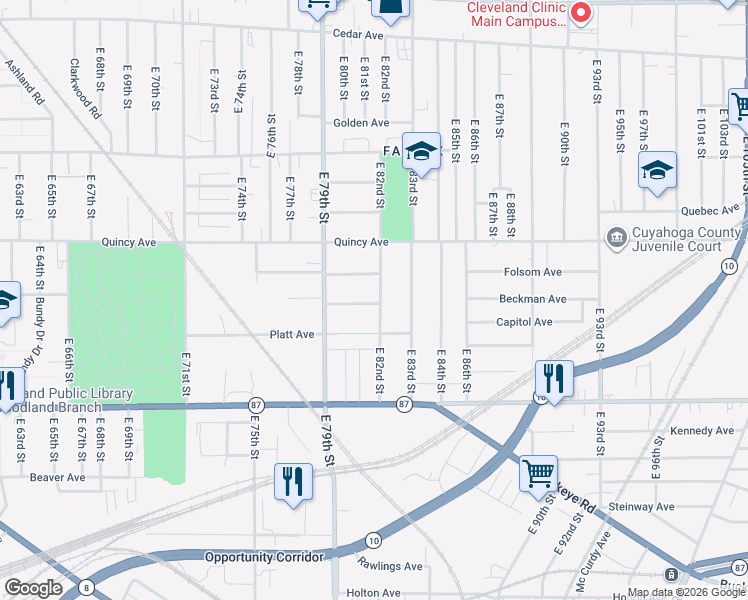 map of restaurants, bars, coffee shops, grocery stores, and more near 8115 Townsend Avenue in Cleveland