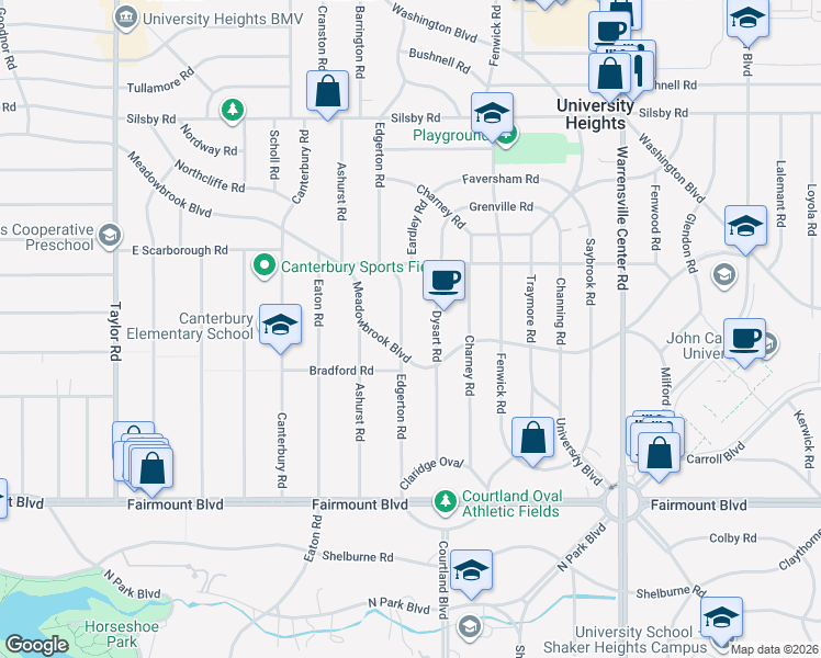 map of restaurants, bars, coffee shops, grocery stores, and more near 2495 Edgerton Road in University Heights