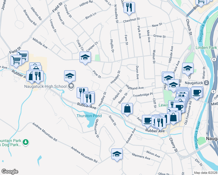 map of restaurants, bars, coffee shops, grocery stores, and more near 44 Marshall Avenue in Naugatuck