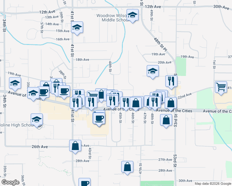 map of restaurants, bars, coffee shops, grocery stores, and more near 2126 44th Street in Moline