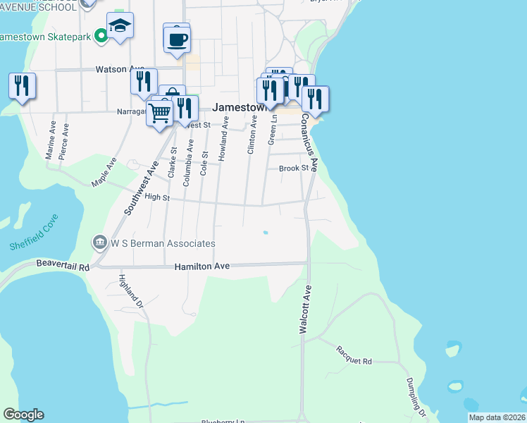 map of restaurants, bars, coffee shops, grocery stores, and more near 67 High Street in Jamestown
