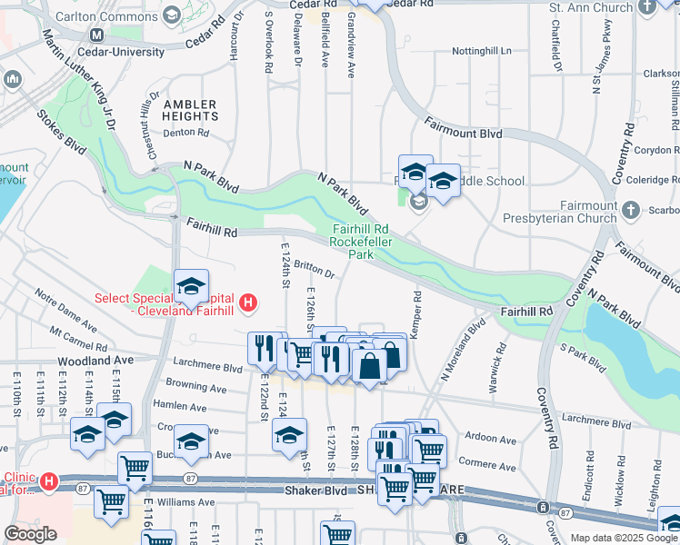 map of restaurants, bars, coffee shops, grocery stores, and more near 12631 Britton Drive in Cleveland