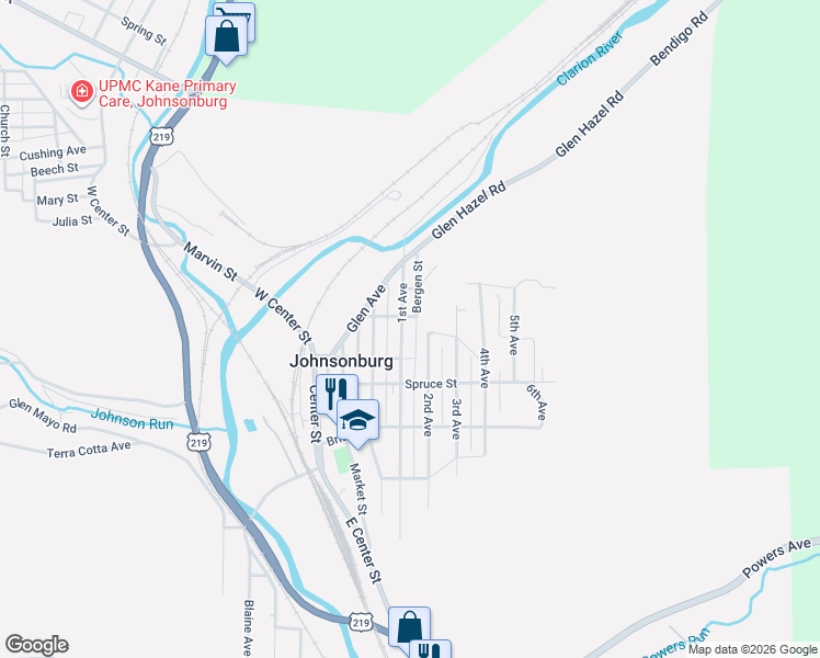 map of restaurants, bars, coffee shops, grocery stores, and more near 303 Bergen Street in Johnsonburg
