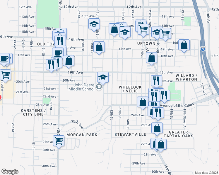 map of restaurants, bars, coffee shops, grocery stores, and more near 2023 12th St in Moline