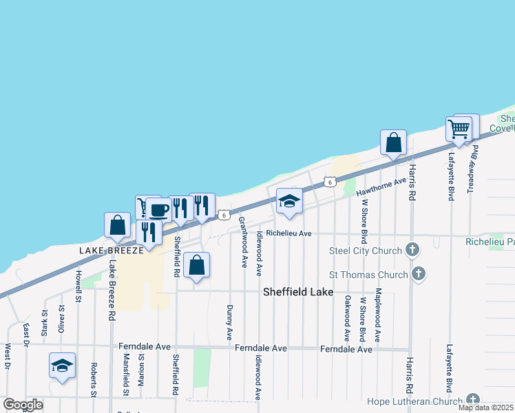 map of restaurants, bars, coffee shops, grocery stores, and more near 4376 U.S. 6 in Sheffield Lake