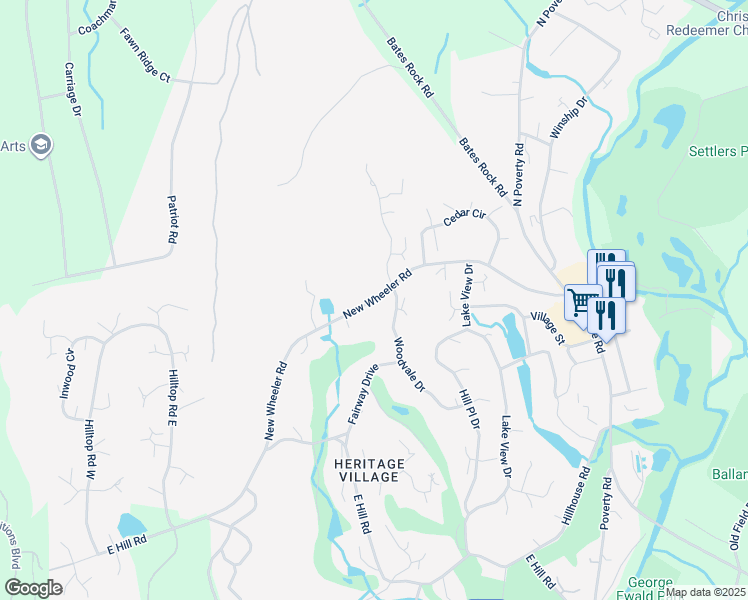 map of restaurants, bars, coffee shops, grocery stores, and more near New Wheeler Road in Southbury