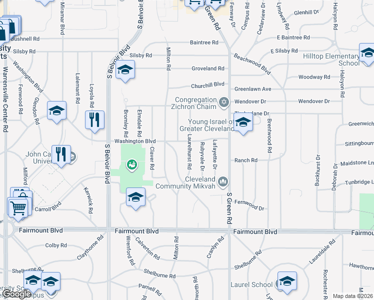 map of restaurants, bars, coffee shops, grocery stores, and more near 2496 Laurelhurst Road in University Heights