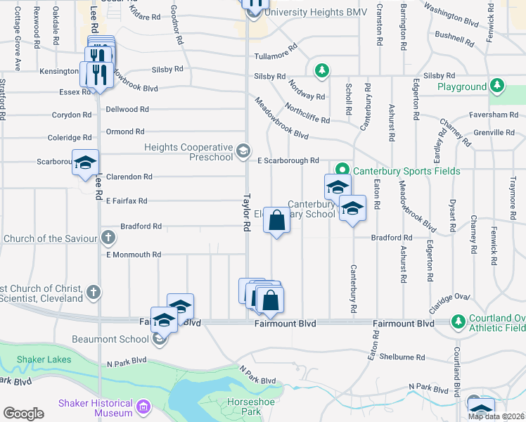 map of restaurants, bars, coffee shops, grocery stores, and more near 2502 Queenston Road in Cleveland Heights