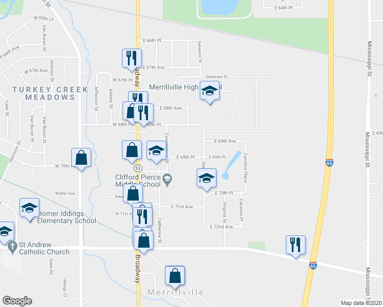 map of restaurants, bars, coffee shops, grocery stores, and more near 330 East 69th Place in Merrillville