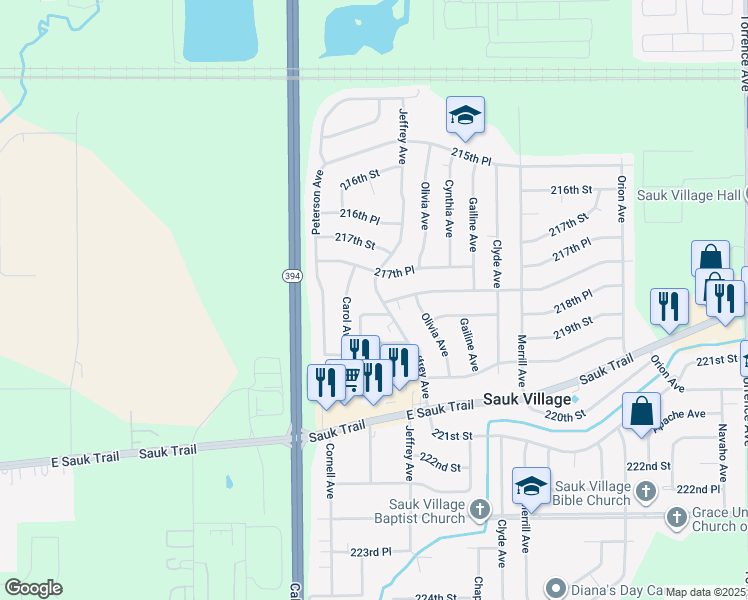 map of restaurants, bars, coffee shops, grocery stores, and more near 21746 Jeffrey Avenue in Sauk Village