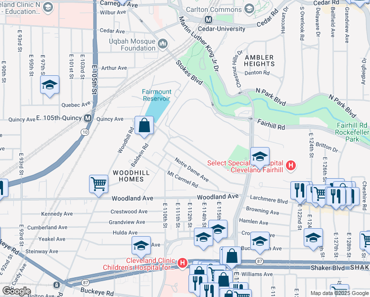 map of restaurants, bars, coffee shops, grocery stores, and more near 11009 Mount Overlook Avenue in Cleveland