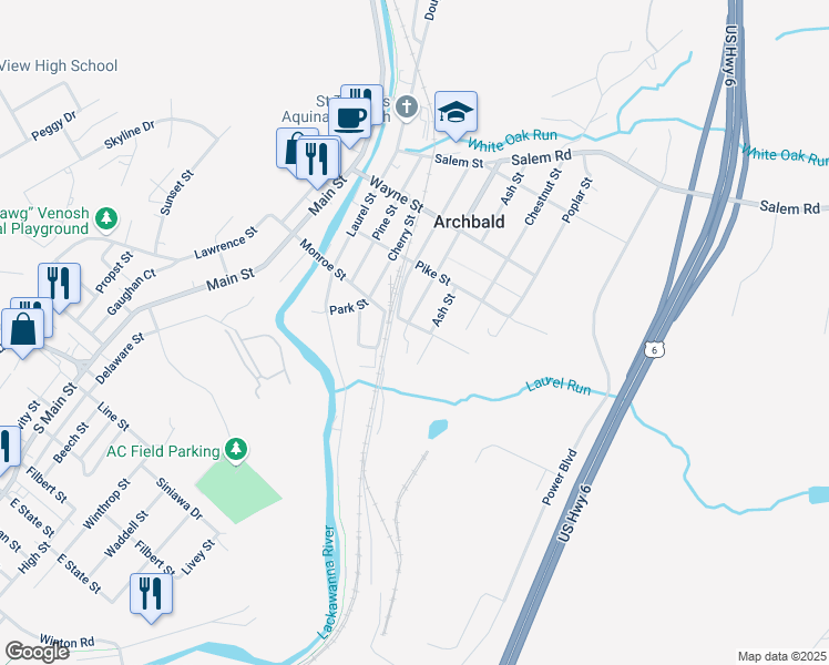 map of restaurants, bars, coffee shops, grocery stores, and more near 171 Monroe Street in Archbald