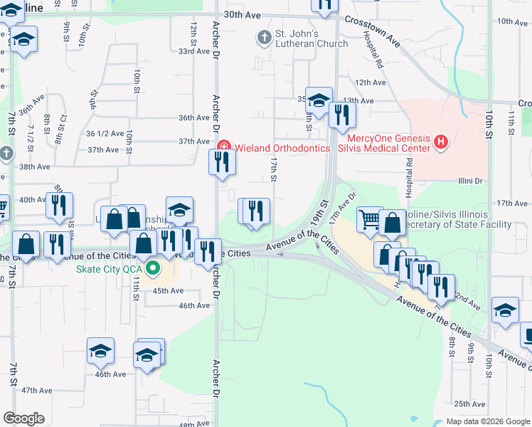 map of restaurants, bars, coffee shops, grocery stores, and more near 4015 17th Street in East Moline